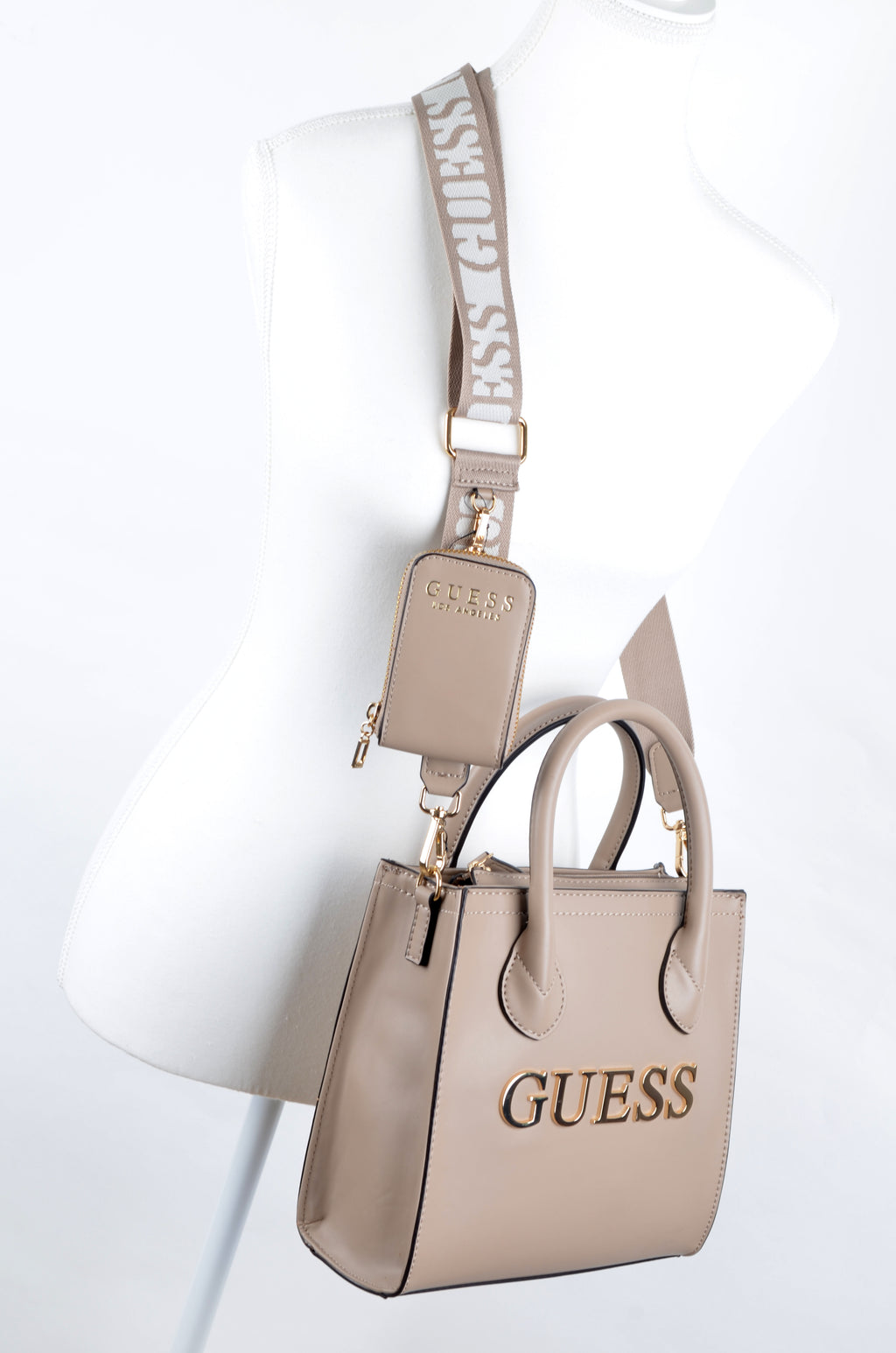 Bolsa Guess Satchel Taupe con Correa Logo y Monedero