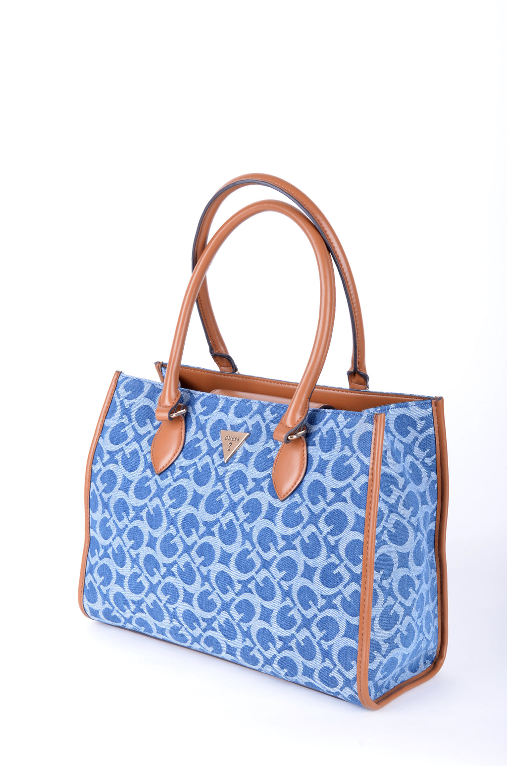 Tote Guess Azul Monograma con Detalles Camel