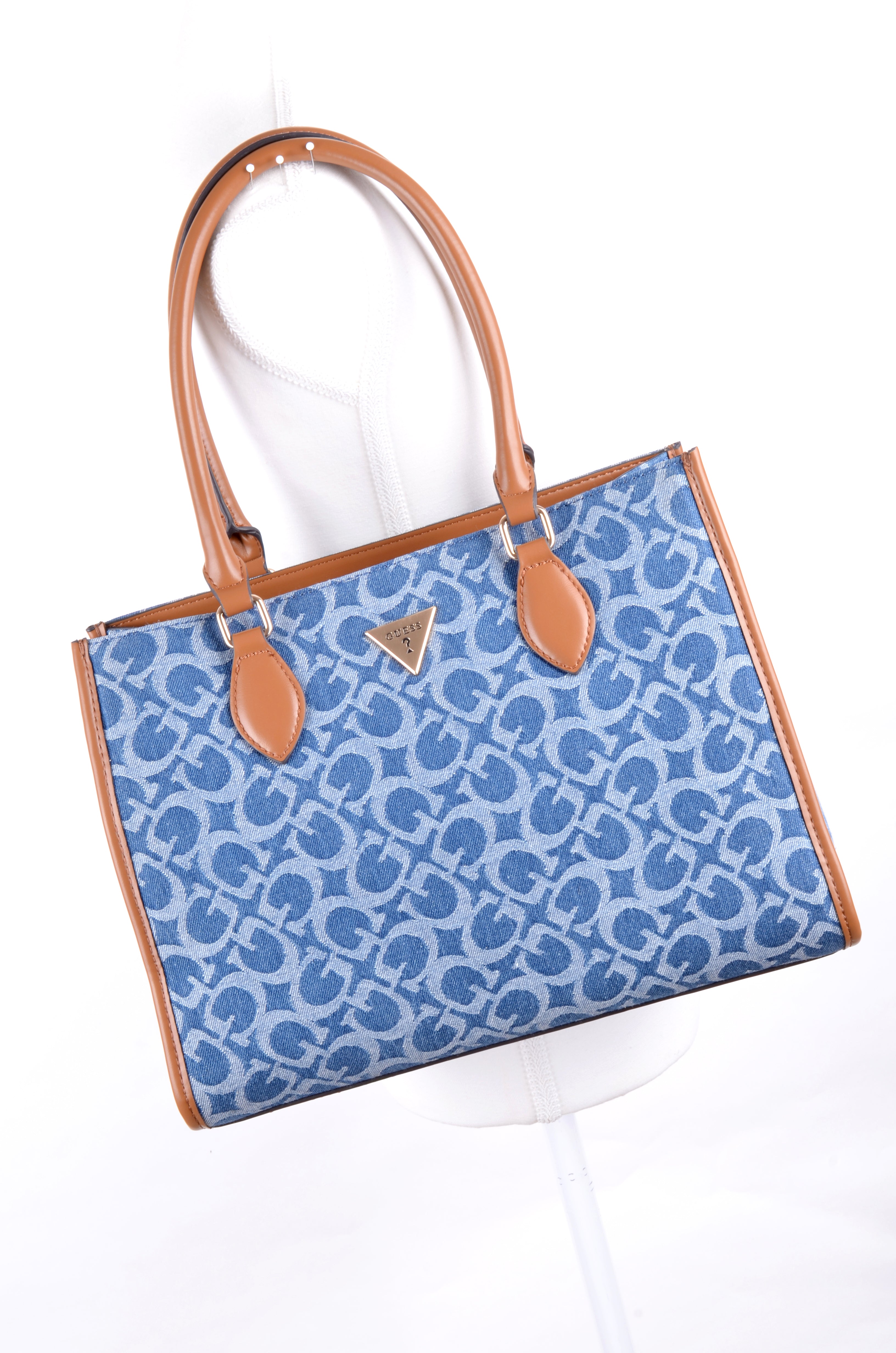 Tote Guess Azul Monograma con Detalles Camel
