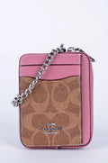 Tarjetero Coach Signature Café y Rosa con Cadena