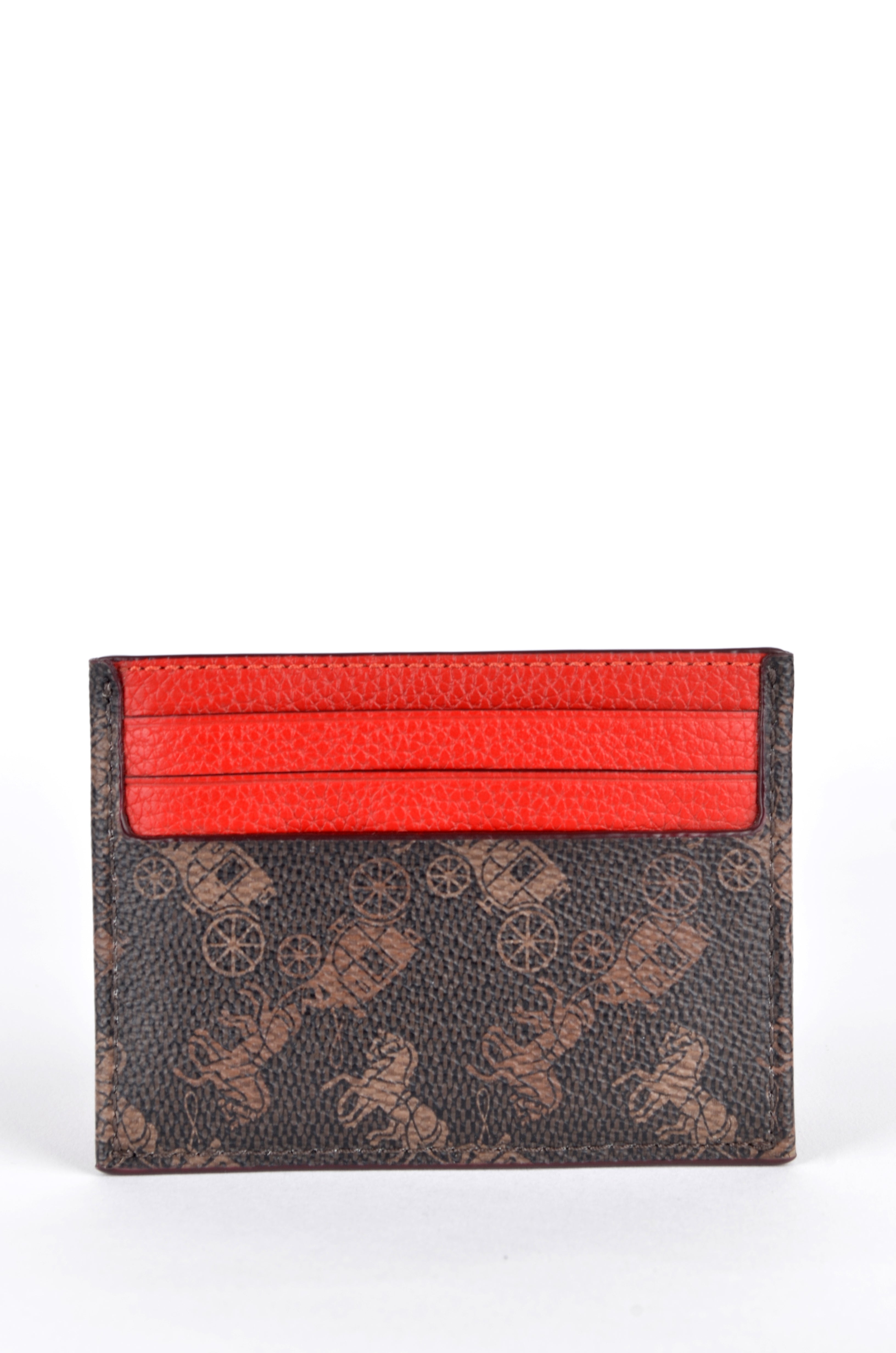 Tarjetero Coach Café con Estampado y Detalles Rojos