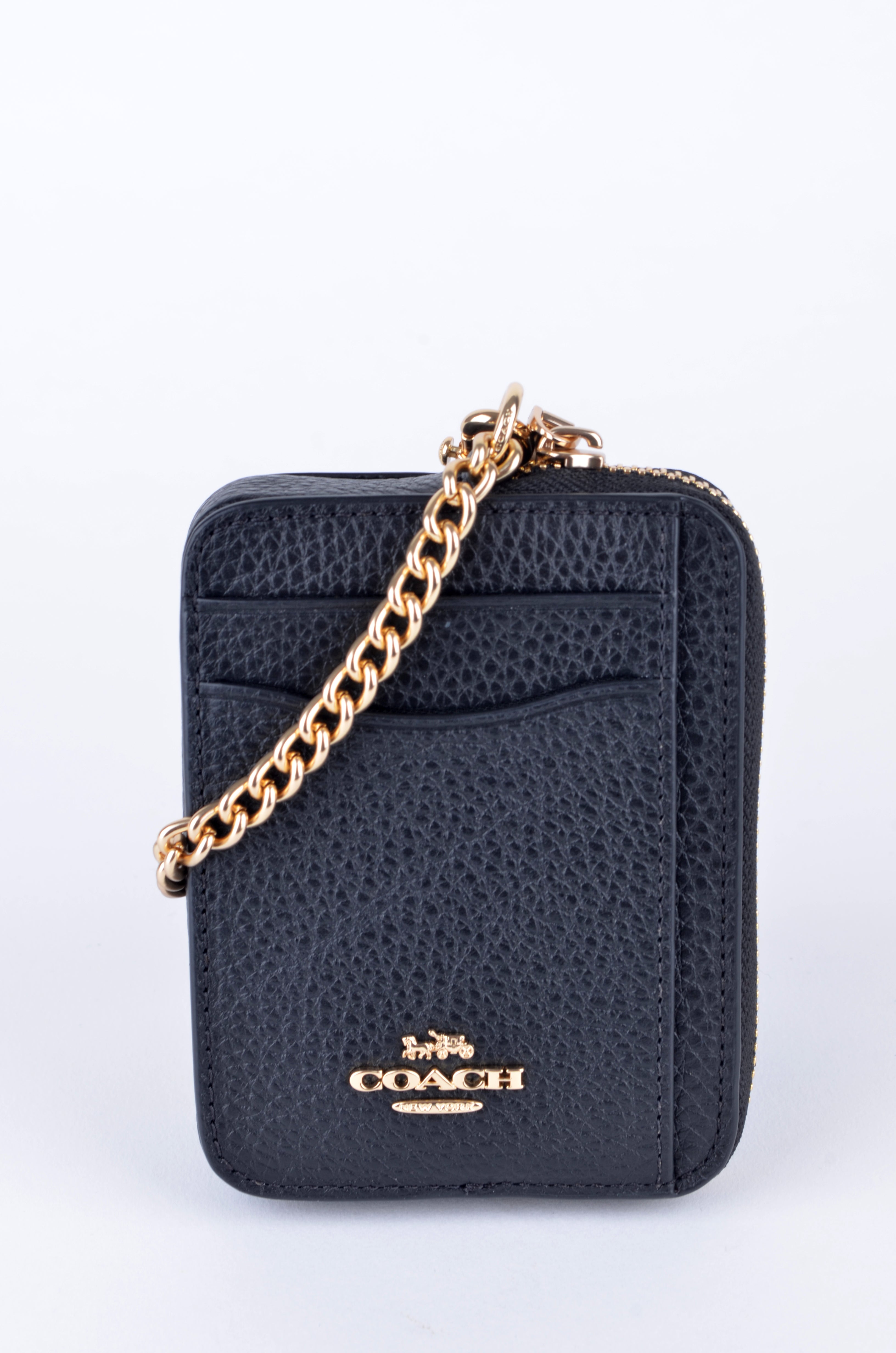 Tarjetero Coach Negro con Cadena y Ventana de Identificación