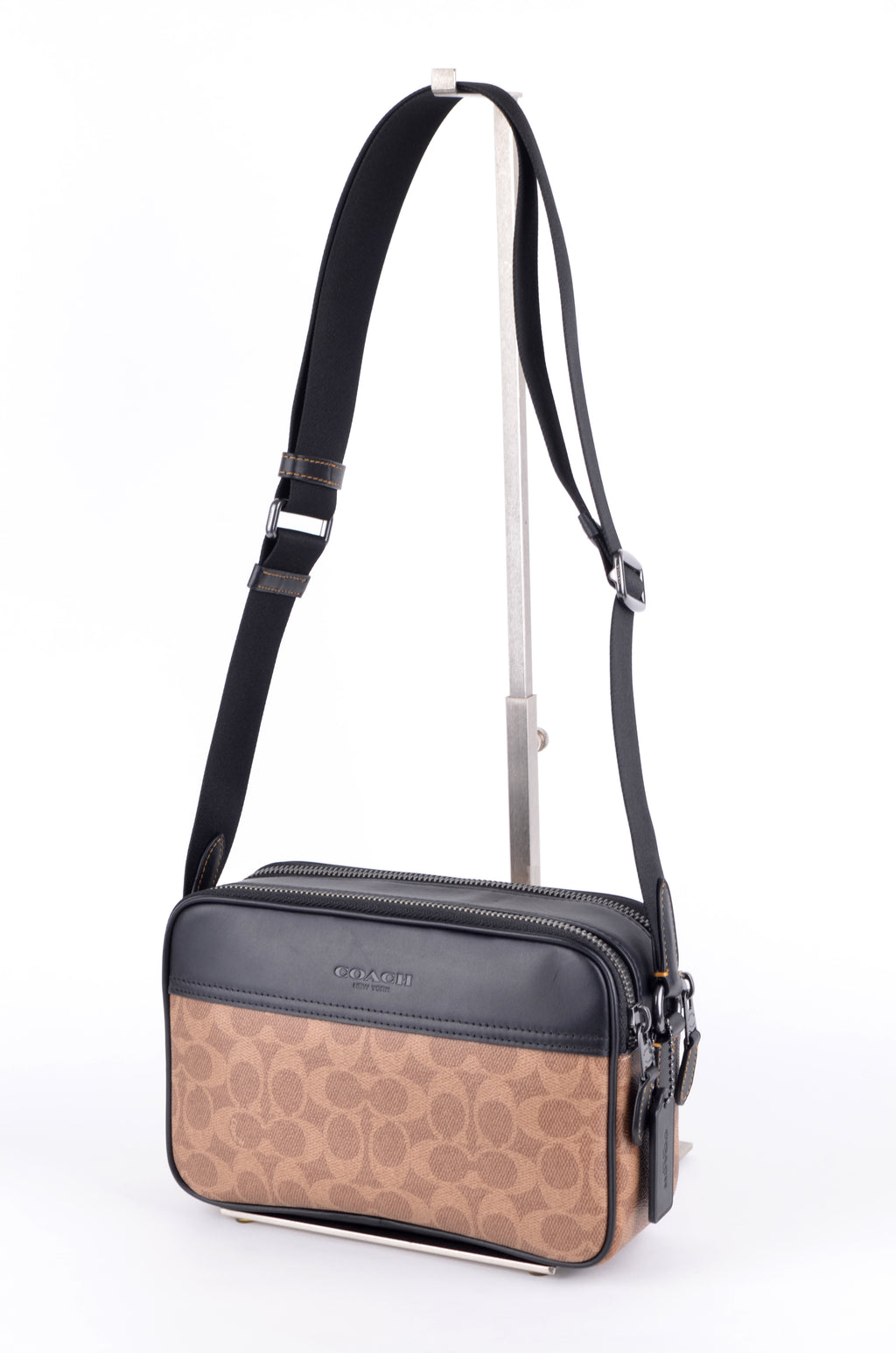 Crossbody Coach Signature Café y Negra de Doble Cremallera